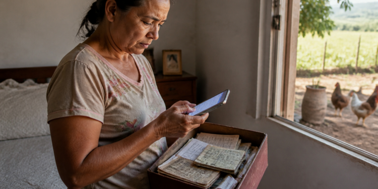 Mulher em pé dentro de casa consulta o celular enquanto segura uma caixa com documentos antigos, perto de uma janela com vista para o campo.