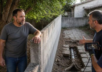 Homem encostado em um muro conversa com dois trabalhadores enquanto um encanamento exposto e raízes aparecem em uma vala ao lado, em área externa residencial.