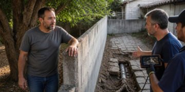 Homem encostado em um muro conversa com dois trabalhadores enquanto um encanamento exposto e raízes aparecem em uma vala ao lado, em área externa residencial.
