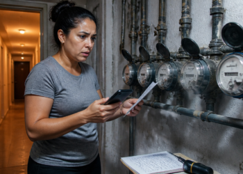Mulher em um corredor de prédio observa um papel e o celular diante de uma fileira de medidores de água instalados na parede.