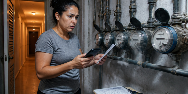 Mulher em um corredor de prédio observa um papel e o celular diante de uma fileira de medidores de água instalados na parede.