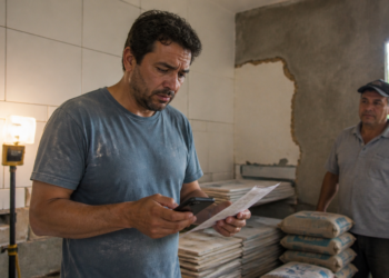 Homem em ambiente de obra segura um celular e um boleto impresso enquanto observa os dados, com materiais de reforma e outro trabalhador ao fundo.