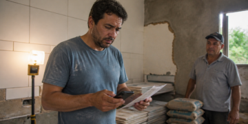 Homem em ambiente de obra segura um celular e um boleto impresso enquanto observa os dados, com materiais de reforma e outro trabalhador ao fundo.