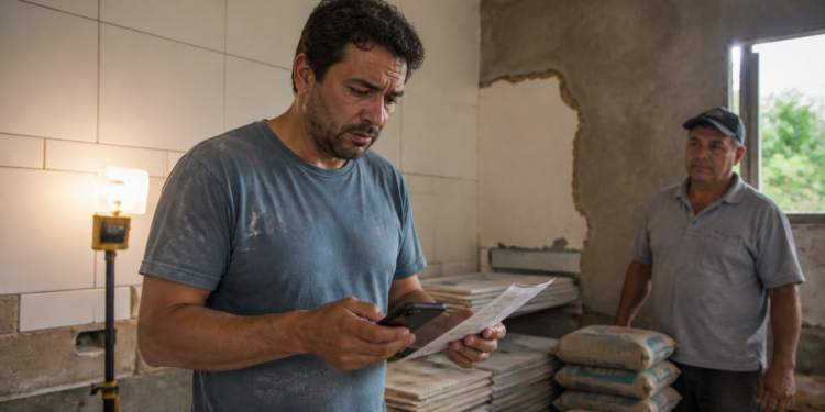 Homem em ambiente de obra segura um celular e um boleto impresso enquanto observa os dados, com materiais de reforma e outro trabalhador ao fundo.
