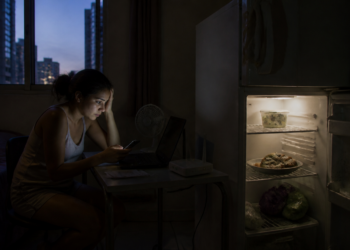 Jovem sentada diante de um notebook em uma kitnet escura, olhando o celular ao lado de uma geladeira aberta com alimentos armazenados.