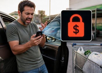 Homem com expressão de preocupação olha para o celular ao lado de um carro e de um carrinho de compras, enquanto um ícone de cadeado com cifrão destaca uma perda de dinheiro.