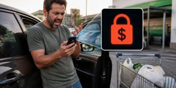 Homem com expressão de preocupação olha para o celular ao lado de um carro e de um carrinho de compras, enquanto um ícone de cadeado com cifrão destaca uma perda de dinheiro.