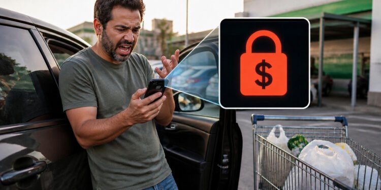 Homem com expressão de preocupação olha para o celular ao lado de um carro e de um carrinho de compras, enquanto um ícone de cadeado com cifrão destaca uma perda de dinheiro.