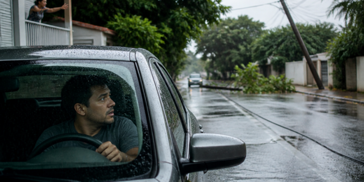 Motorista dentro de um carro observa um fio caído sobre uma rua molhada, enquanto uma mulher gesticula da varanda e um poste aparece inclinado.