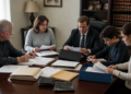 Família e advogado analisam documentos, pastas e cobranças reunidos sobre uma mesa durante conversa sobre o espólio do avô.