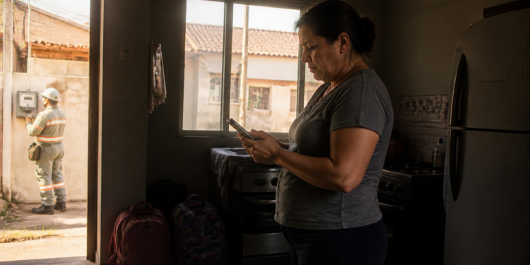 Mulher consulta o celular em uma cozinha escura enquanto um técnico uniformizado verifica o medidor de energia do lado de fora da residência.