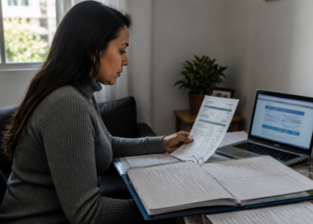 Mulher analisa uma fatura diante de um notebook, com pasta de documentos e planilhas abertas sobre a mesa.