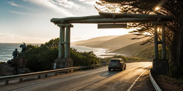 Carro percorre trecho costeiro da Great Ocean Road ao pôr do sol, passando sob um grande portal de madeira com mar e montanhas ao fundo.