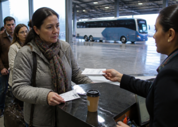Passageira entrega bilhetes a uma atendente no guichê de uma rodoviária, diante de uma fila de viajantes e de um ônibus estacionado ao fundo.