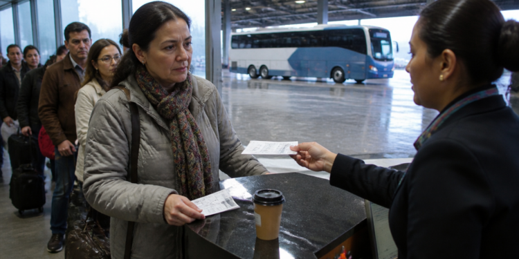 Passageira entrega bilhetes a uma atendente no guichê de uma rodoviária, diante de uma fila de viajantes e de um ônibus estacionado ao fundo.