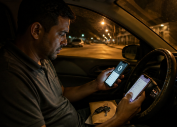 Motorista sentado dentro de um carro à noite compara informações em dois celulares, com chaves e um envelope apoiados sobre o colo.