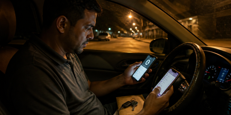 Motorista sentado dentro de um carro à noite compara informações em dois celulares, com chaves e um envelope apoiados sobre o colo.