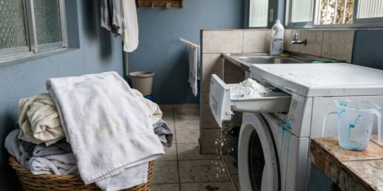 Deixar essa quantidade de sabão na máquina deixa a roupa dura, mancha e ainda aumenta a conta de água