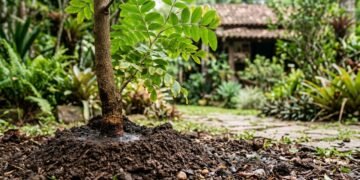 A posição entre o tronco e as raízes define a profundidade correta