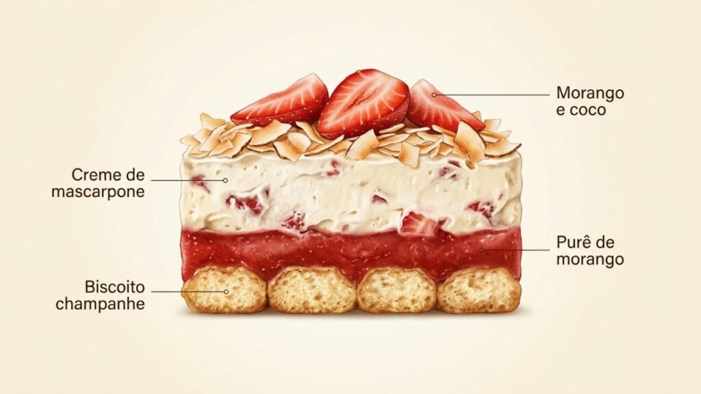 Esqueça o tiramisù tradicional: esta versão com morango e coco promete conquistar à primeira colherada