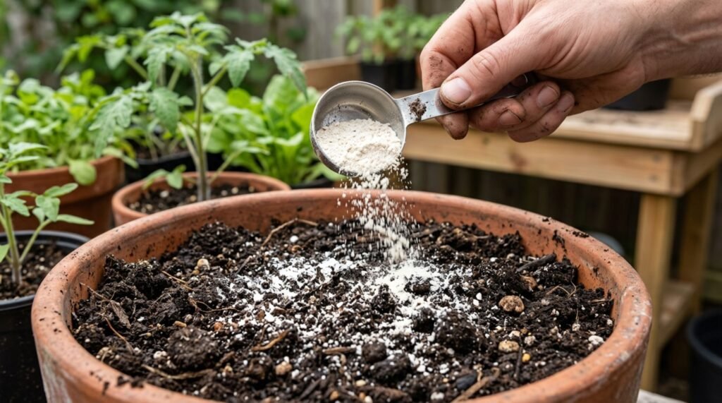 Po de casca de ovo incorporado ao solo de jardinagem para manejo do pH