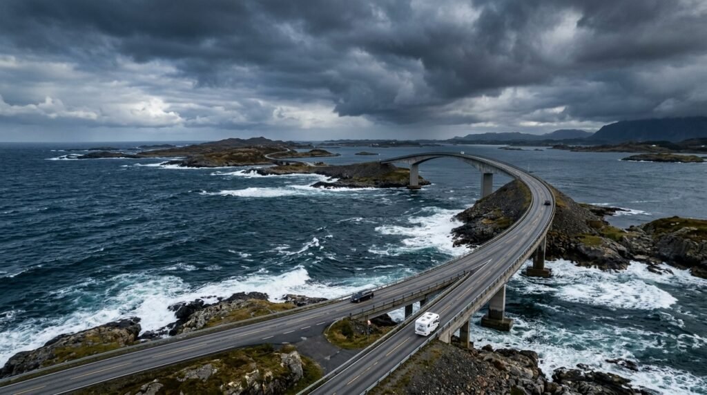 Estrada do Atlântico conecta ilhas diante do mar aberto da Noruega