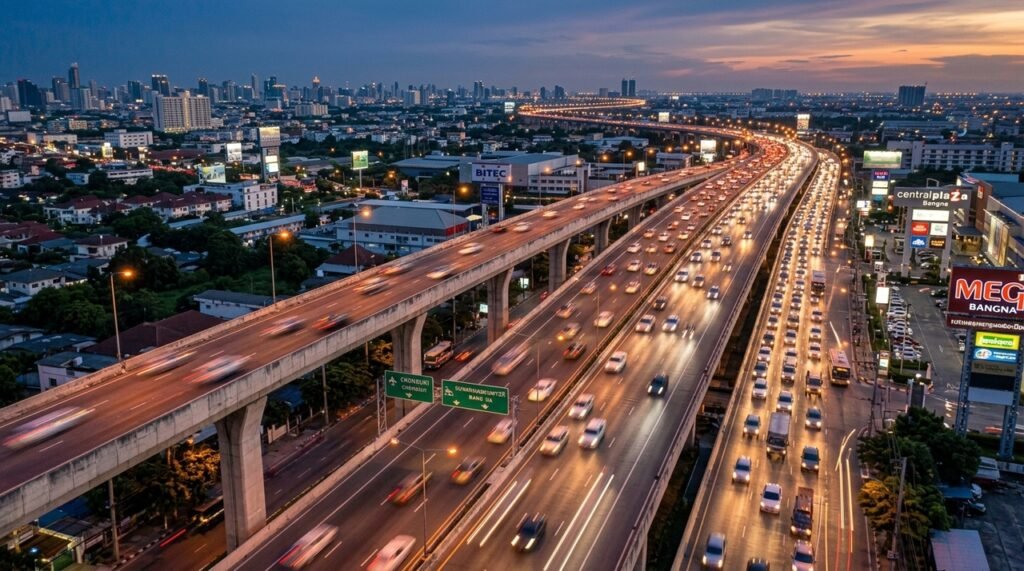 Rodovia elevada Burapha Withi atravessa a região metropolitana de Bangkok