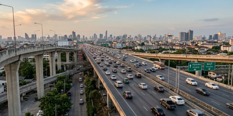 Rodovia elevada Burapha Withi atravessa a região metropolitana de Bangkok