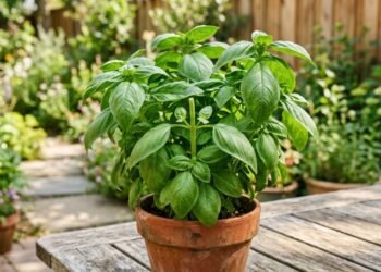 Vaso de manjericão Ocimum basilicum com ramos ramificados e poda apical adequada