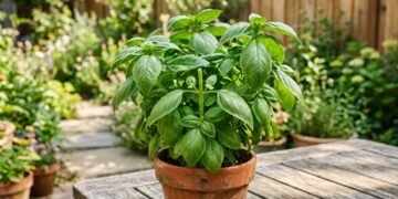 Vaso de manjericão Ocimum basilicum com ramos ramificados e poda apical adequada