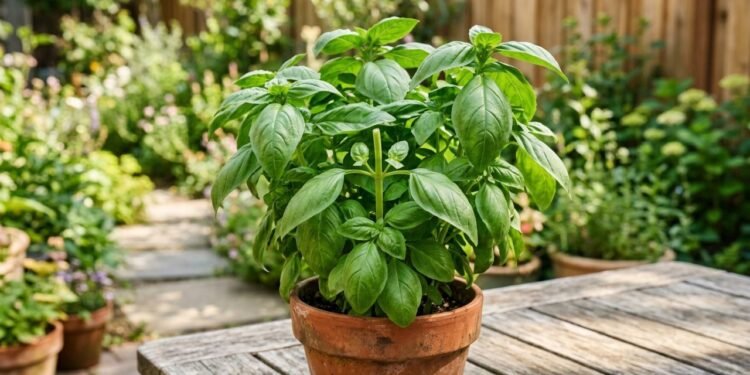 Vaso de manjericão Ocimum basilicum com ramos ramificados e poda apical adequada