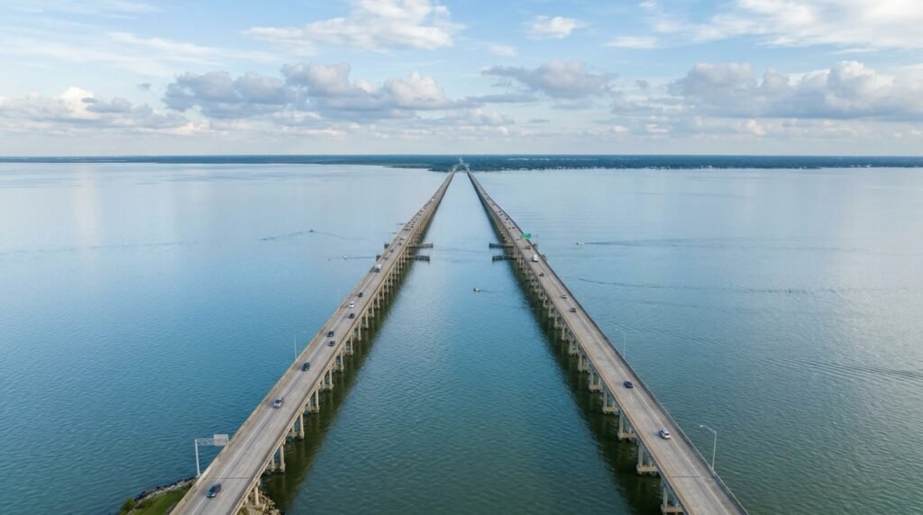 Engenharia da ponte que atravessa o lago Pontchartrain