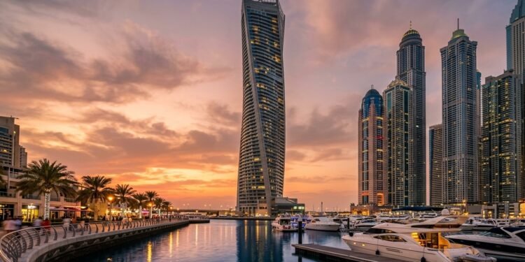 Cayan Tower gira seus pavimentos sobre Dubai Marina