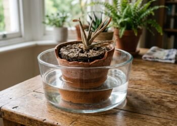 Vaso com substrato seco posicionado em recipiente com agua para irrigacao por imersao