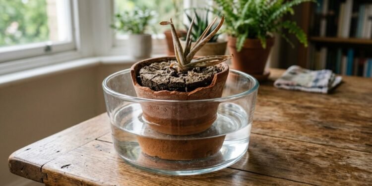 Vaso com substrato seco posicionado em recipiente com agua para irrigacao por imersao