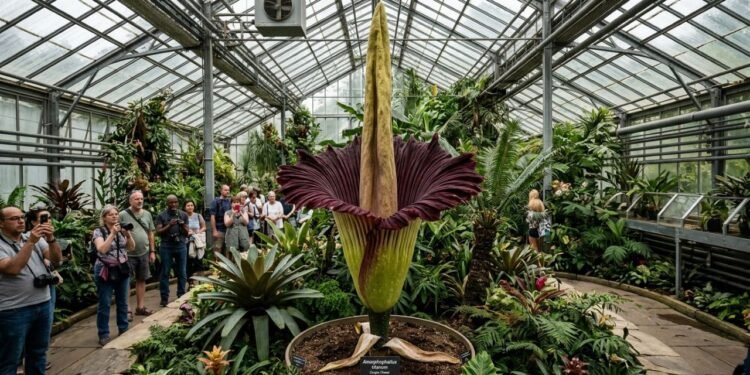 A flor-cadáver em plena floração com sua estrutura monumental de três metros