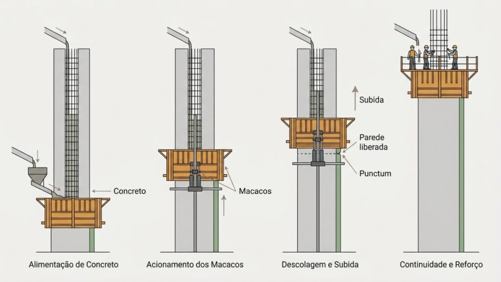 Como o Slipform ergue paredes de concreto continuamente