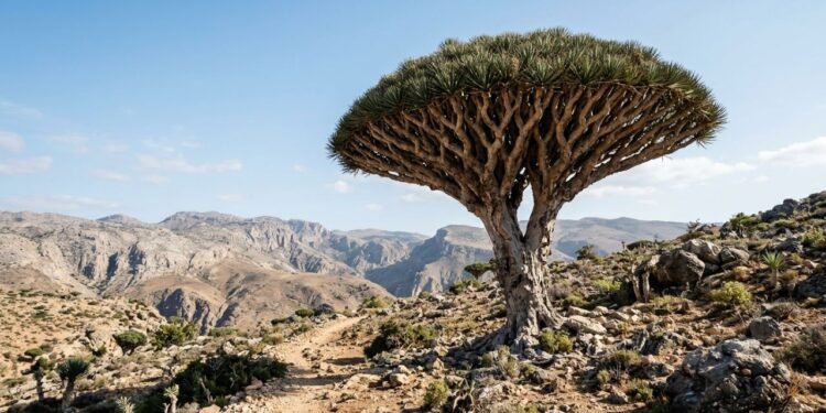 A lendária árvore dragoeiro de Socotra impressiona pelo formato único e por sua resina vermelha