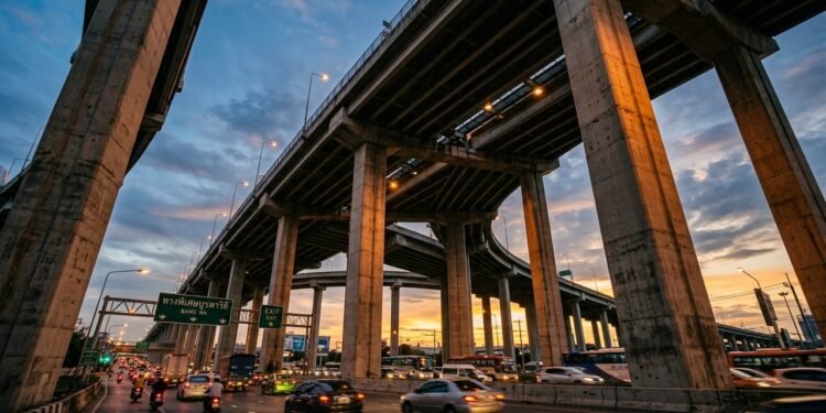 Via elevada atravessa Bangkok com estrutura repetitiva