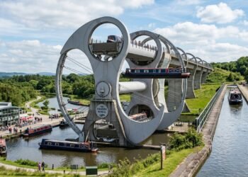 Falkirk Wheel, a roda que levanta barcos como prédio de 8 andares