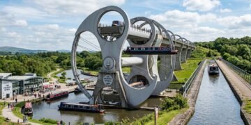 Falkirk Wheel, a roda que levanta barcos como prédio de 8 andares