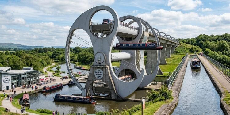 Falkirk Wheel, a roda que levanta barcos como prédio de 8 andares