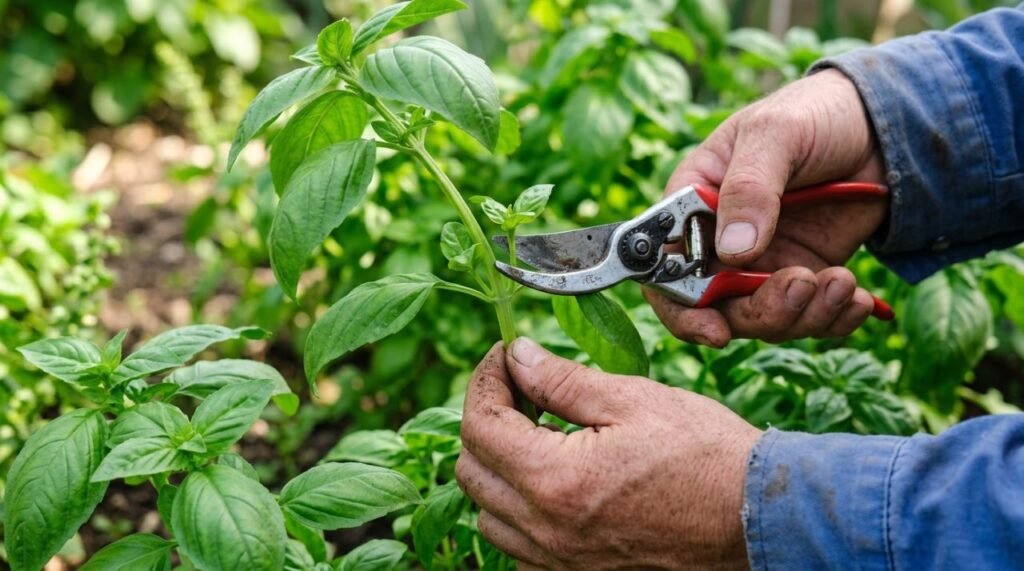 Detalhe da tecnica de corte no no foliar do manjericão Ocimum basilicum para estimular novos brotos