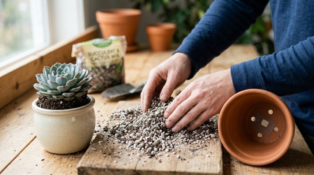 Replantio da suculenta Echeveria elegans para vaso com furos de drenagem e solo poroso
