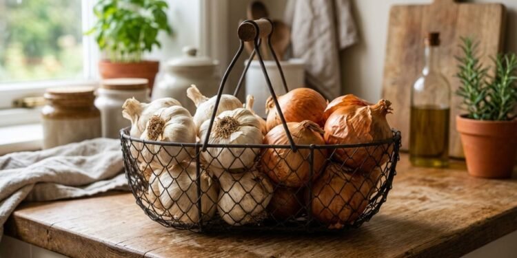 O armazenamento correto do alho Allium sativum e da cebola Allium cepa em local seco e ventilado