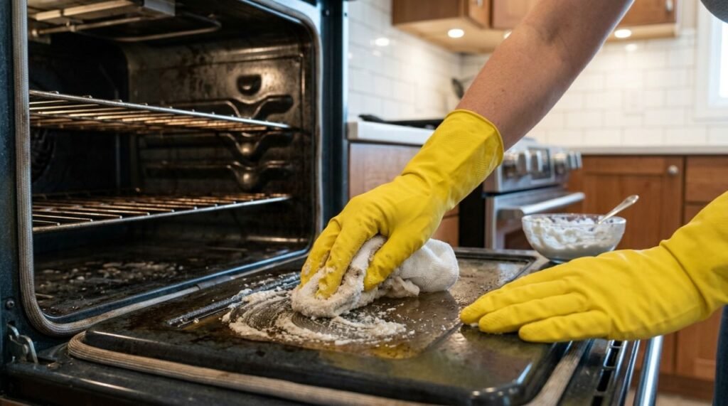 Aplicacao segura de pasta de bicarbonato de sodio e agua para limpeza de resíduos no forno