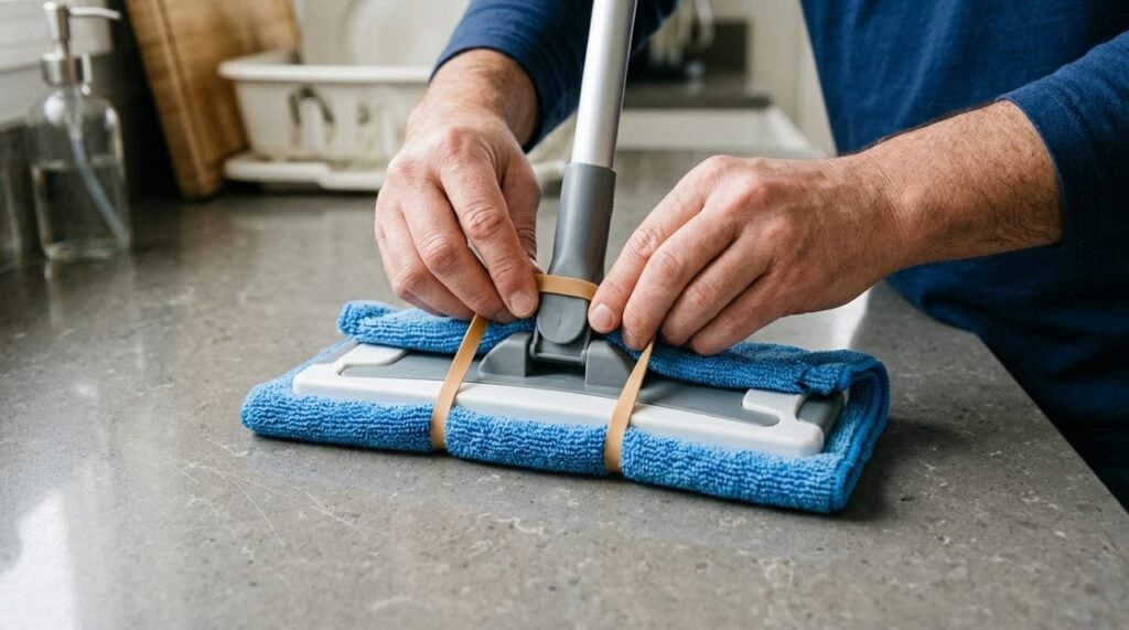 Detalhamento da montagem do pano de microfibra no rodo com elasticos para limpeza de vidros
