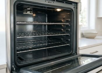 Forno eletrico esmaltado limpo e aberto em uma cozinha moderna