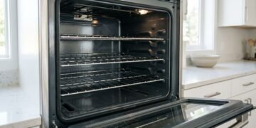 Forno eletrico esmaltado limpo e aberto em uma cozinha moderna