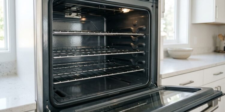 Forno eletrico esmaltado limpo e aberto em uma cozinha moderna